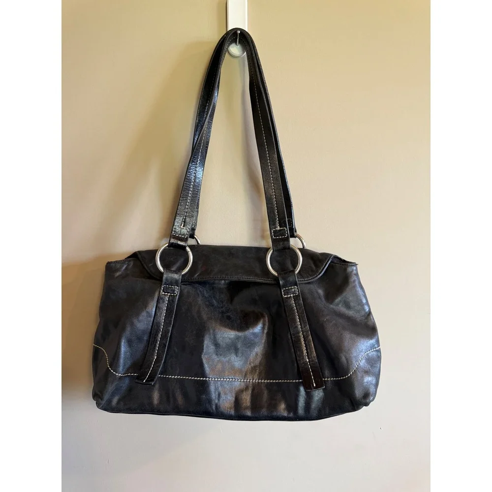 Kate Landry Black Leather Shoulder Bag Hobo Purse Silver Ring Accents